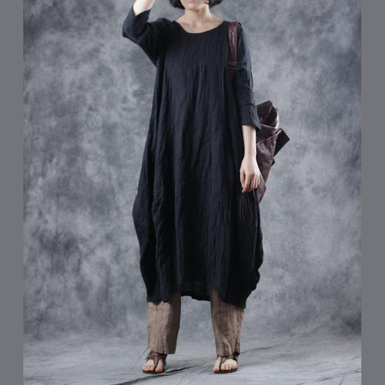 Unique black linen Robes o neck pockets loose fall Dresses - Omychic