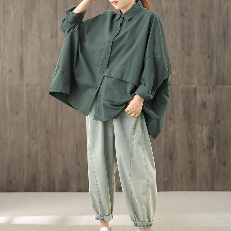 Unique blackish green tunics for women lapel Button Down top - Omychic