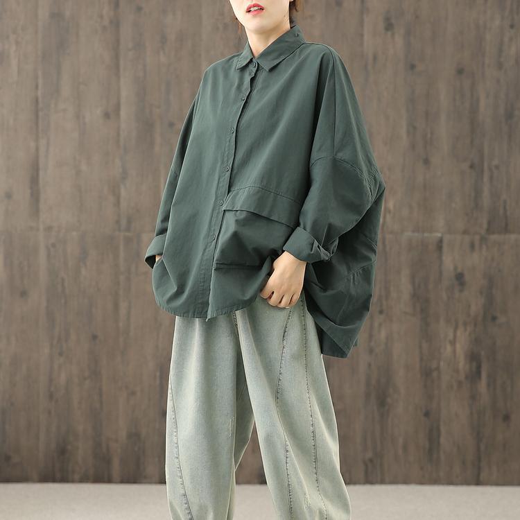 Unique blackish green tunics for women lapel Button Down top - Omychic