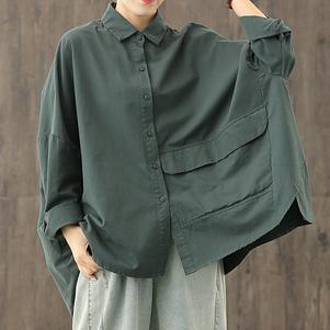 Unique blackish green tunics for women lapel Button Down top - Omychic