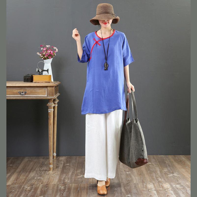 Unique blue linen clothes Fine Catwalk o neck pockets Maxi Summer Dress - Omychic