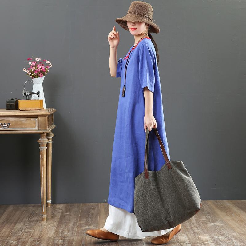 Unique blue linen clothes Fine Catwalk o neck pockets Maxi Summer Dress - Omychic