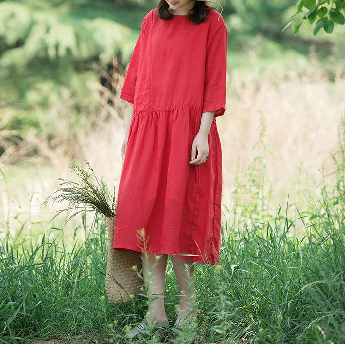 Unique bracelet sleeved linen dresses Shirts red Dress summer - Omychic