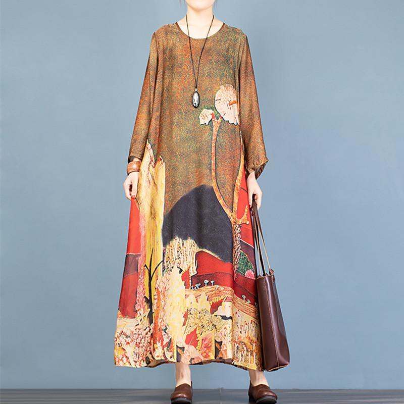 Unique brown print outfit o neck half sleeve robes Dress - Omychic