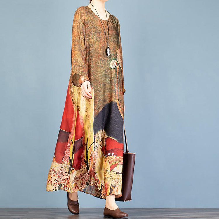 Unique brown print outfit o neck half sleeve robes Dress - Omychic