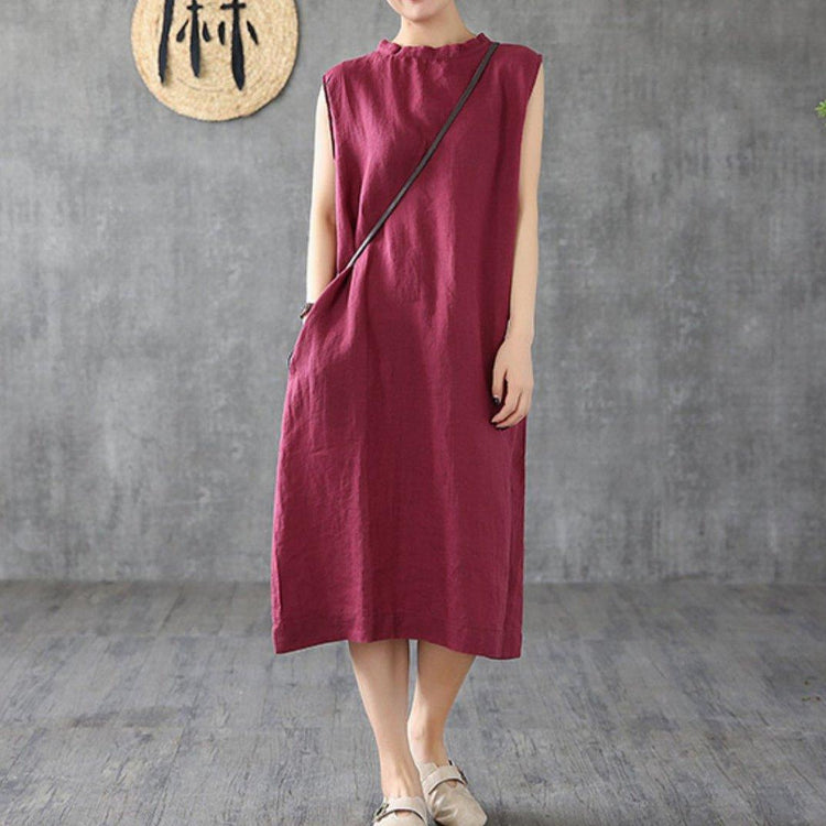 Unique burgundy linen dresses stand collar sleeveless long summer Dress - Omychic