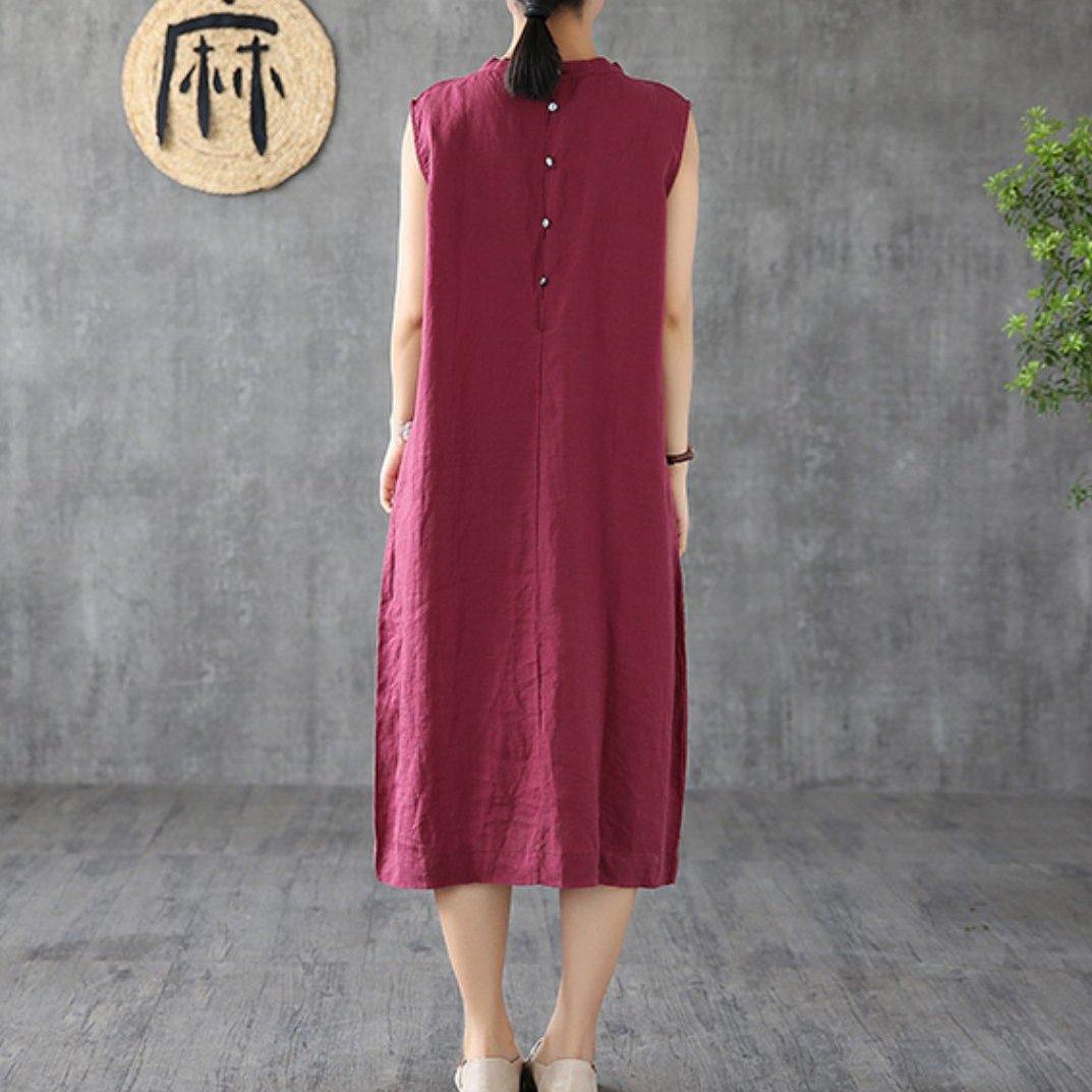 Unique burgundy linen dresses stand collar sleeveless long summer Dress - Omychic