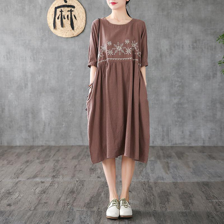 Unique chocolate embroidery linen clothes For Women o neck wrinkled long Dress - Omychic