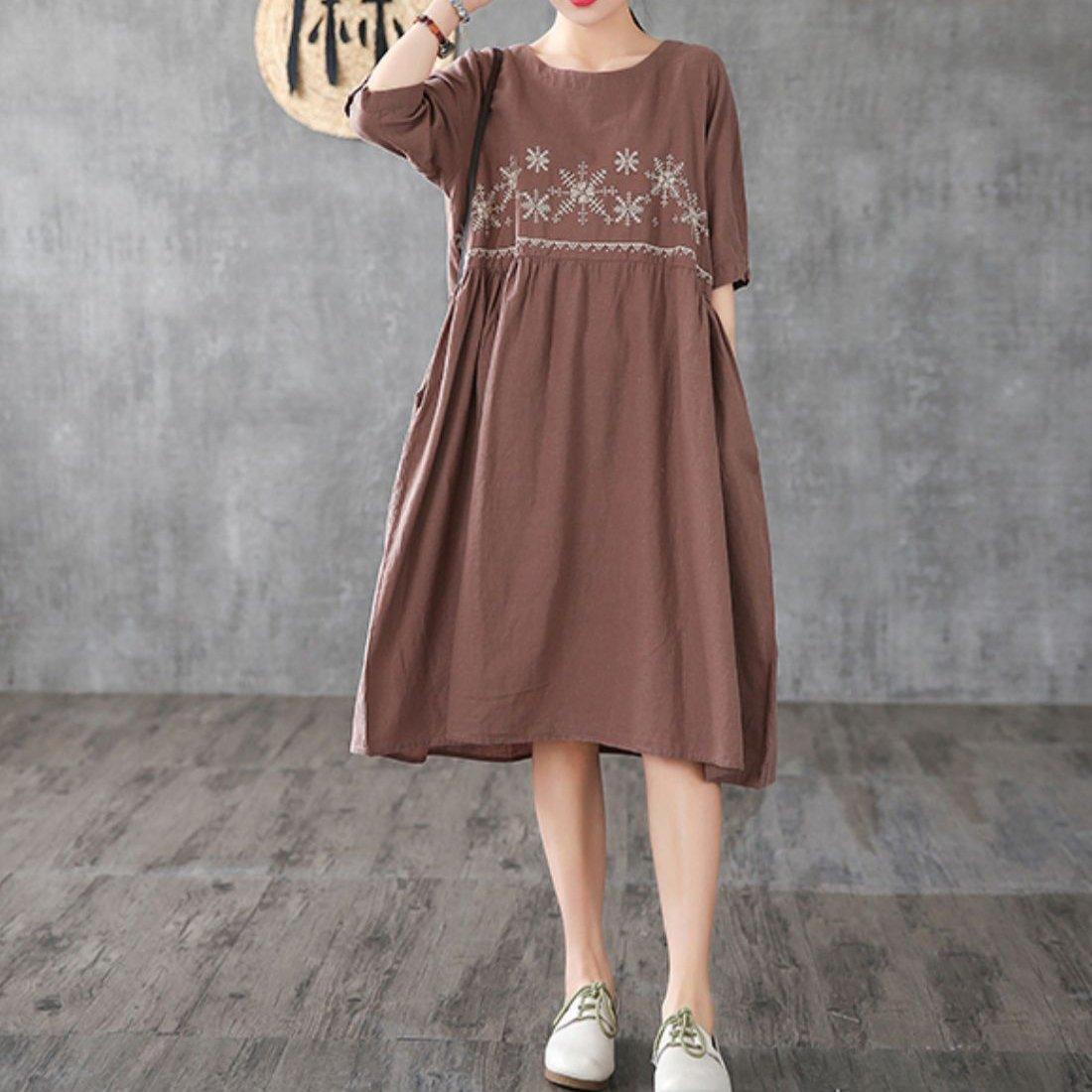 Unique chocolate embroidery linen clothes For Women o neck wrinkled long Dress - Omychic