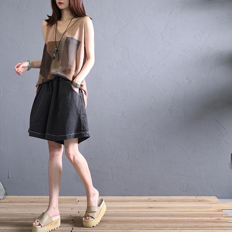 Unique chocolate linen clothes sleeveless Knee prints summer top - Omychic