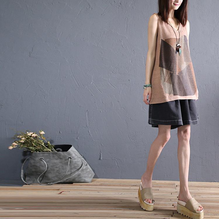 Unique chocolate linen clothes sleeveless Knee prints summer top - Omychic