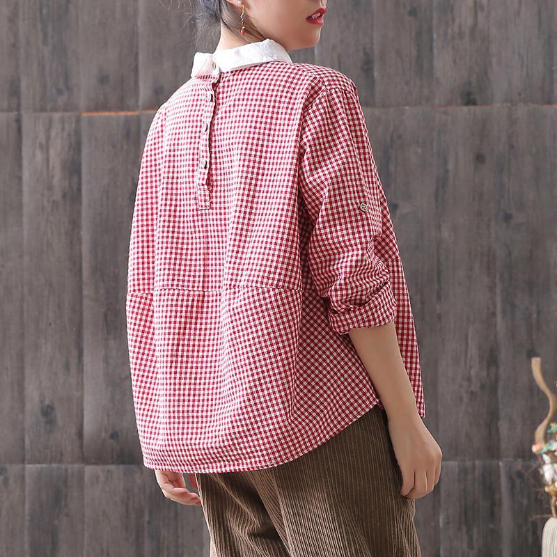 Unique cotton Long Shirts stylish Loose Back Buttons Plaid Women Cotton Blouse - Omychic