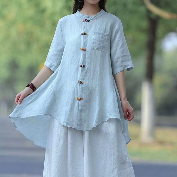 Unique cotton clothes Pakistani Vintage Summer white Solid Frog Buttons Long Shirt - Omychic