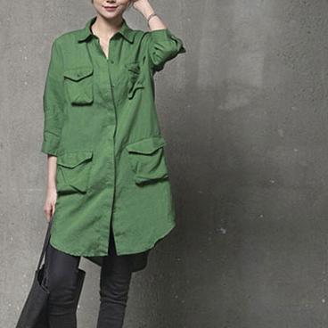 Unique four pockets cotton fall shirts women Outfits green blouse - Omychic