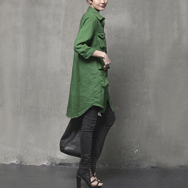 Unique four pockets cotton fall shirts women Outfits green blouse - Omychic