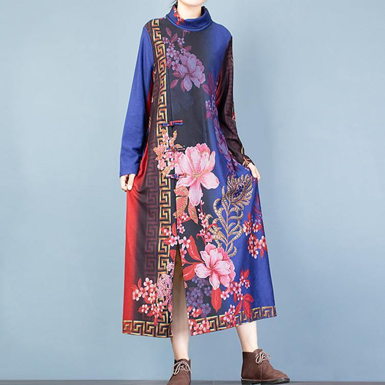 Unique front open cotton high neck clothes Runway blue floral Maxi Dresses - Omychic
