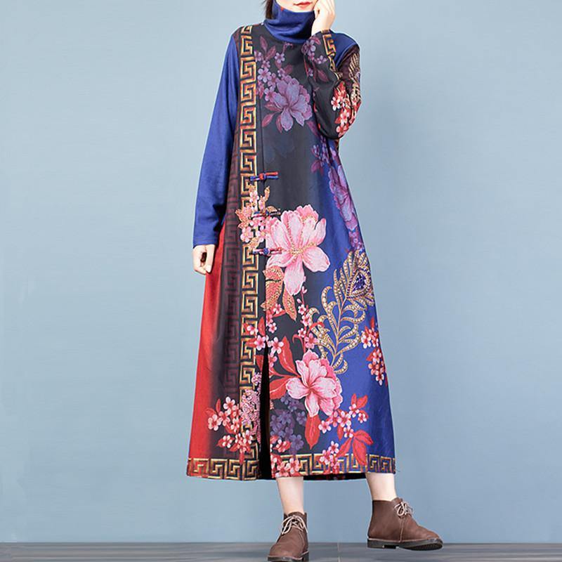 Unique front open cotton high neck clothes Runway blue floral Maxi Dresses - Omychic
