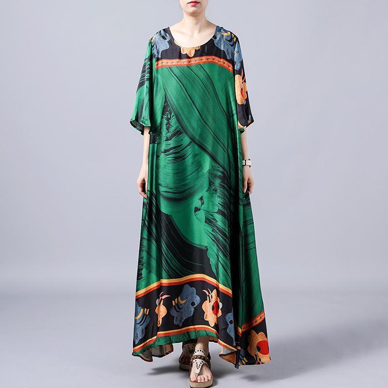 Unique green For Women Indian Retro Print Round Neck A-Line Women Dress - Omychic