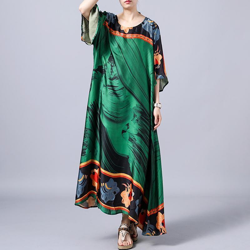 Unique green For Women Indian Retro Print Round Neck A-Line Women Dress - Omychic