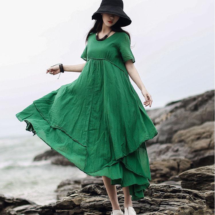 Unique green cotton linen dresses o neck asymmetric Kaftan summer Dresses - Omychic