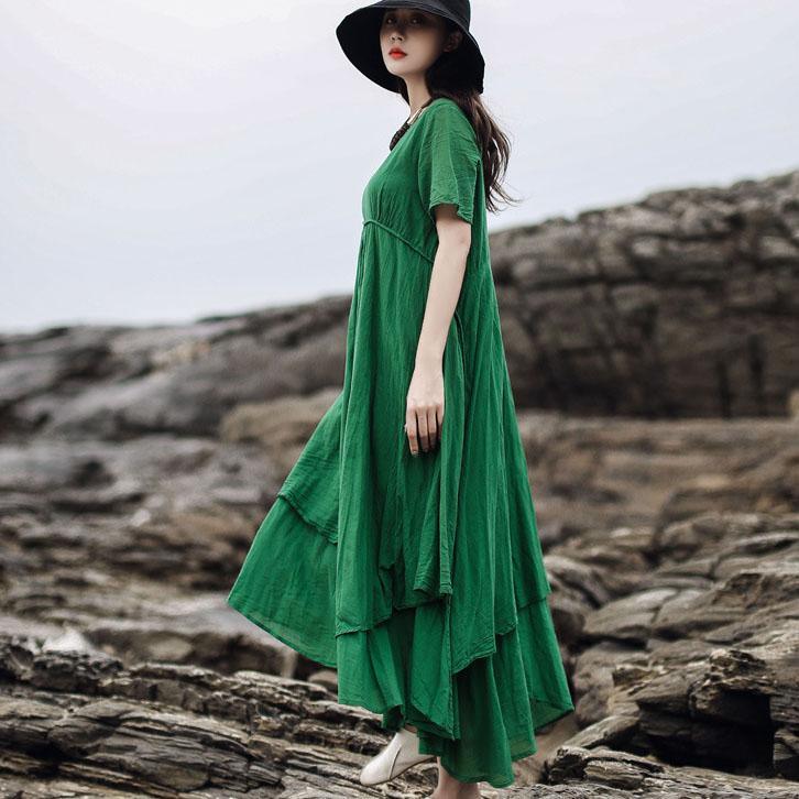 Unique green cotton linen dresses o neck asymmetric Kaftan summer Dresses - Omychic