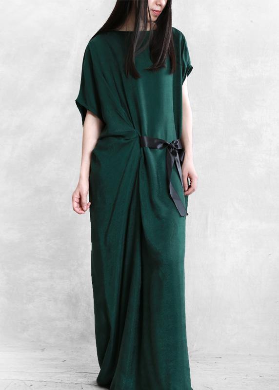 Unique Green O Neck Asymmetric Robe Summer Dress