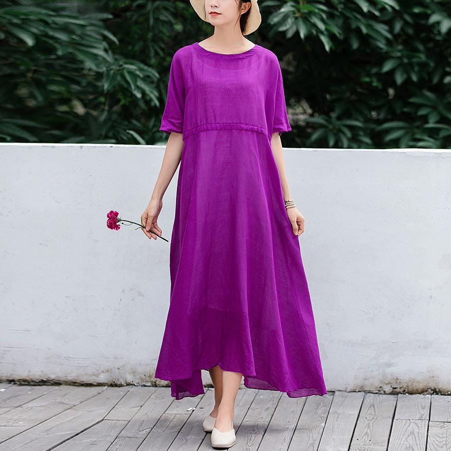 Unique half sleeve linen outfit Cotton purple high waist Dress summer - Omychic