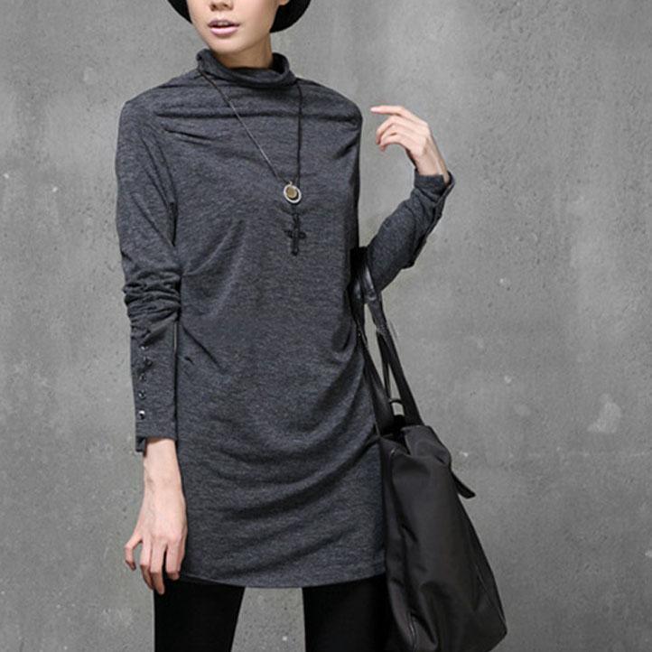 Unique high neck cotton wild shirts Sewing gray slim tops - Omychic