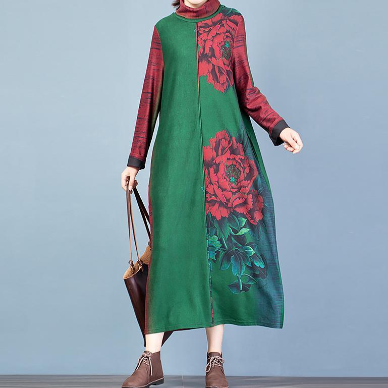 Unique high neck pockets cotton fall clothes Women Tutorials green print A Line Dresses - Omychic
