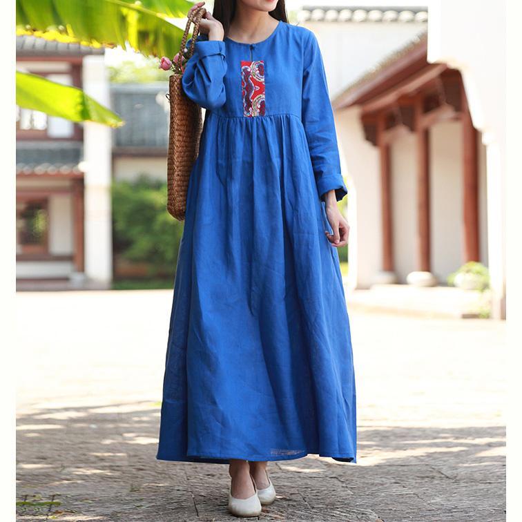 Unique high waist linen Wardrobes Sewing blue Dresses fall - Omychic