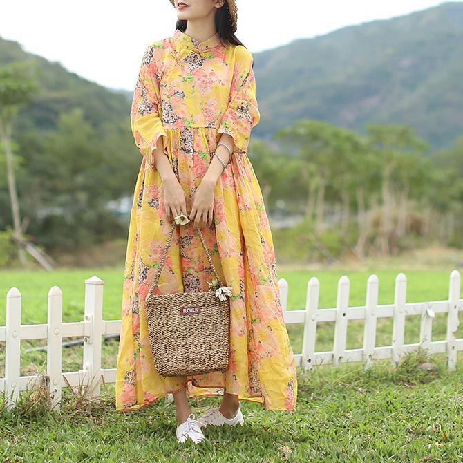 Unique high waist linen dresses pattern yellow floral Dress fall - Omychic