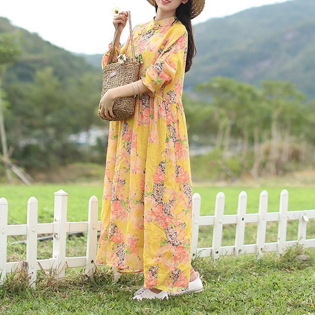 Unique high waist linen dresses pattern yellow floral Dress fall - Omychic