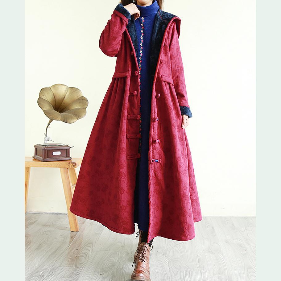 Unique hooded Fine embroidery Long coats burgundy silhouette outwear - Omychic