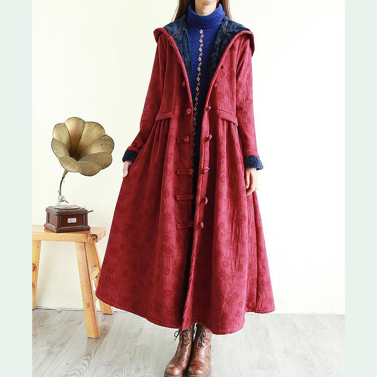 Unique hooded Fine embroidery Long coats burgundy silhouette outwear - Omychic