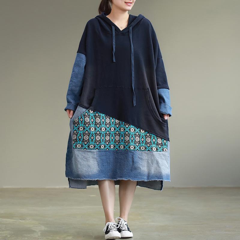 Unique hooded cotton Tunics top quality Inspiration blue Traveling Dress patchwork o neck - Omychic