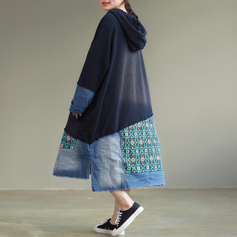 Unique hooded cotton Tunics top quality Inspiration blue Traveling Dress patchwork o neck - Omychic
