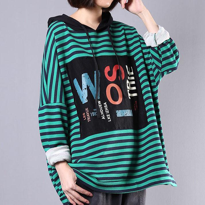 Unique hooded cotton blouses for women Cotton green striped blouses fall - Omychic
