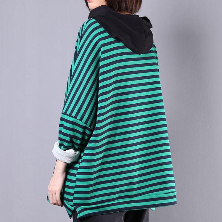 Unique hooded cotton blouses for women Cotton green striped blouses fall - Omychic