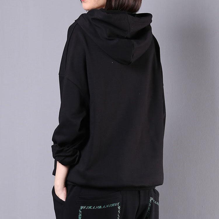 Unique hooded cotton tunic top Work black embroidery alphabet tops fall - Omychic