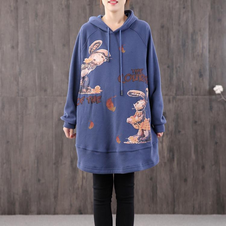Unique hooded pockets cotton tunics for women Christmas Gifts blue print tops - Omychic