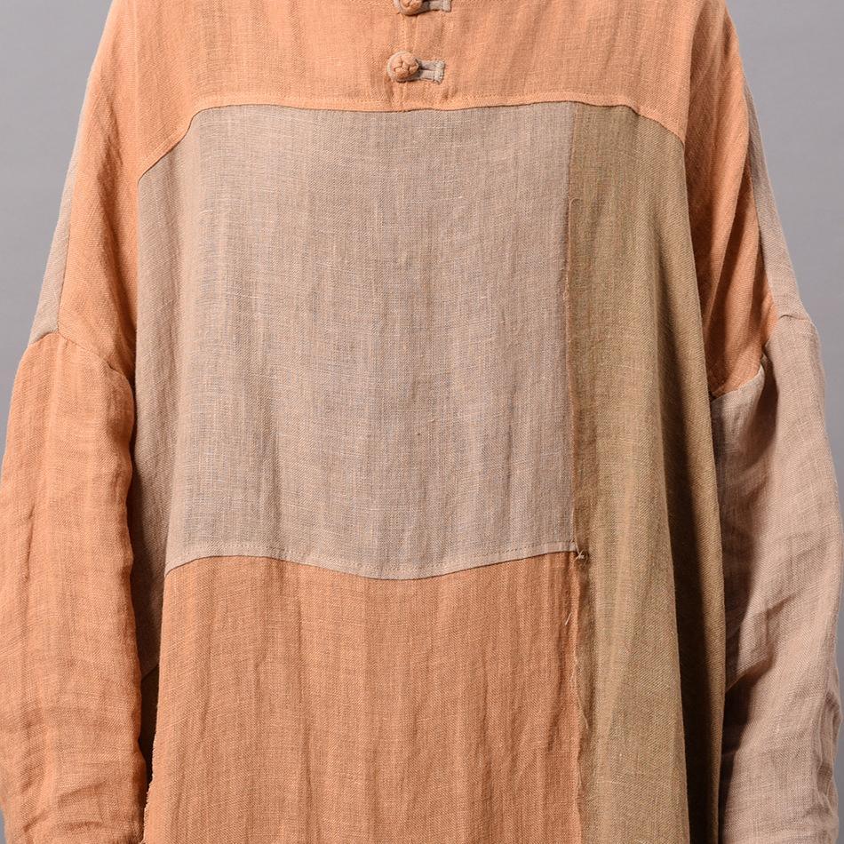 Unique khaki linen cotton Long Organic Shirts o neck patchwork loose spring Dresses - Omychic