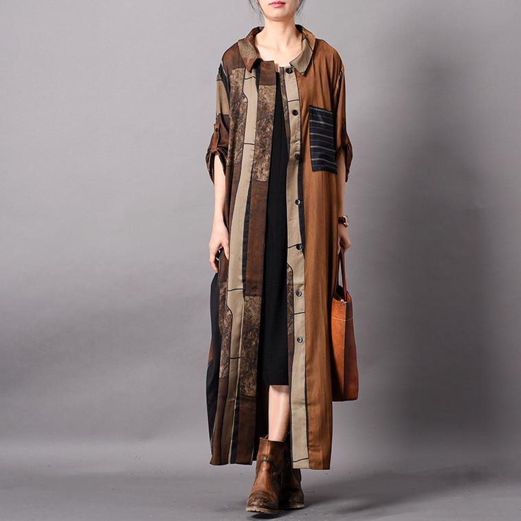 Unique lapel silk dresses plus size Inspiration chocolate print Art Dresses Summer - Omychic