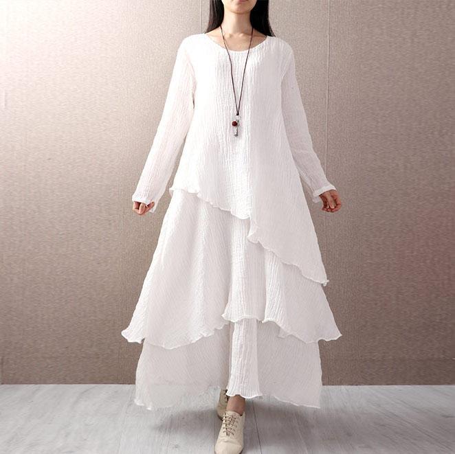 Unique layered linen cotton dresses Work white Dress autumn - Omychic