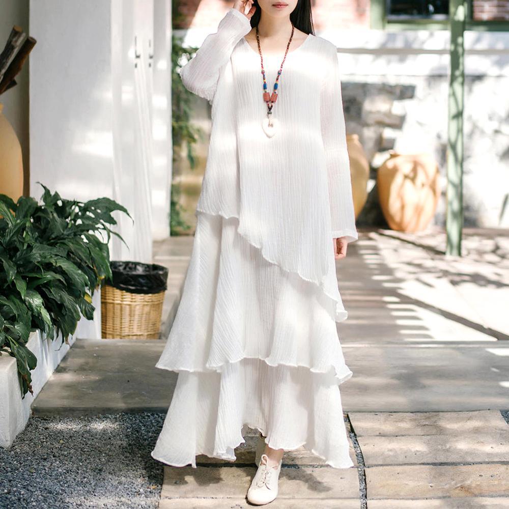 Unique layered linen cotton dresses Work white Dress autumn - Omychic