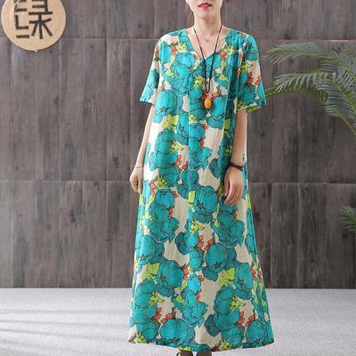 Unique linen clothes For Women stylish V-Neck Floral Print Vintage Elegant Dress - Omychic
