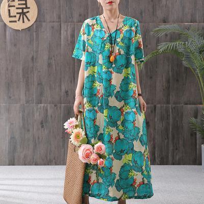 Unique linen clothes For Women stylish V-Neck Floral Print Vintage Elegant Dress - Omychic