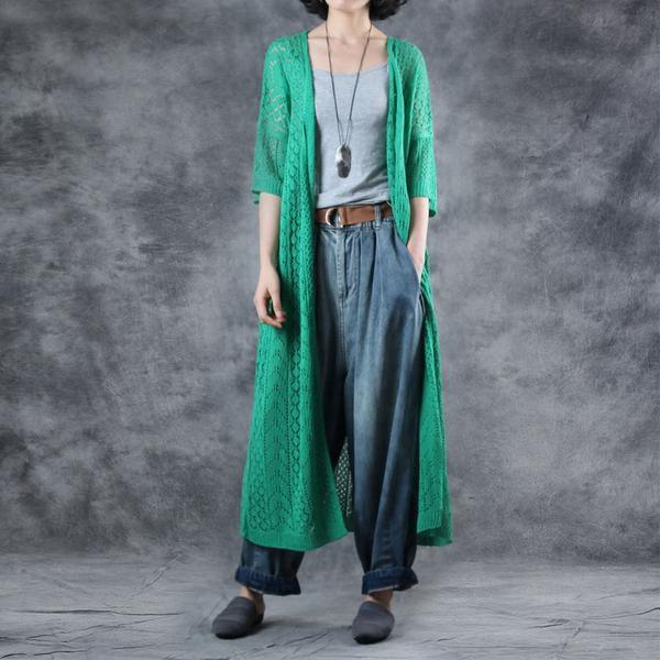 Unique linen green clothes Fashion Linen Solid Half Sleeve V-Neck Hollow Out Coat - Omychic