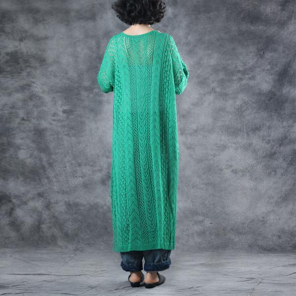 Unique linen green clothes Fashion Linen Solid Half Sleeve V-Neck Hollow Out Coat - Omychic
