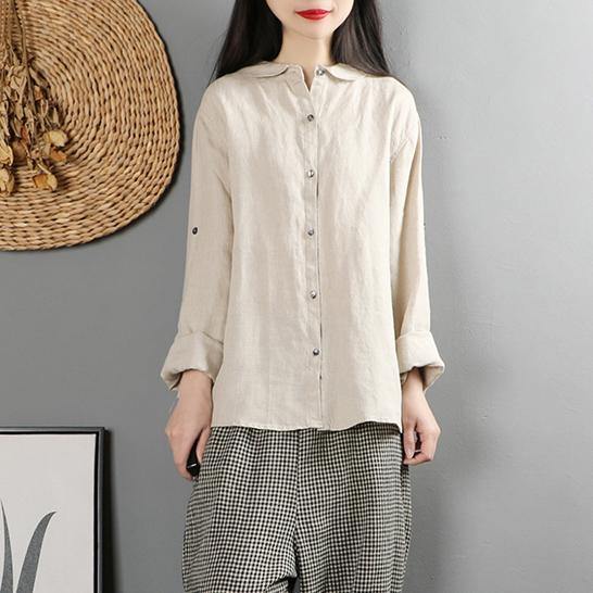 Unique long sleeve linen cotton fall shirts khaki baggy blouses - Omychic