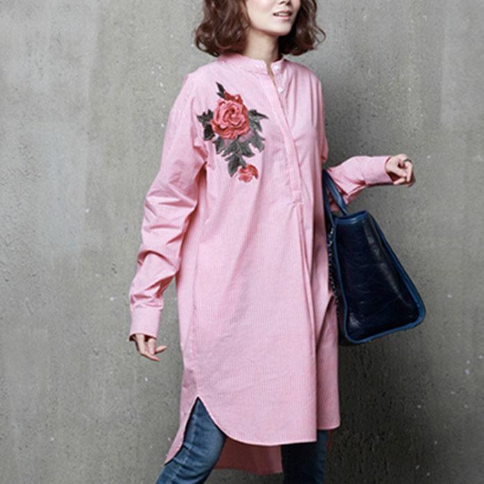 Unique low high design cotton embroidery clothes Sleeve pink blouses - Omychic